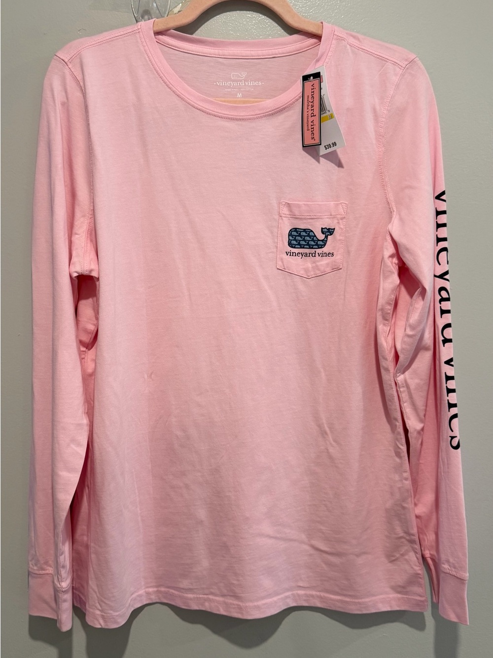 Vineyard Vines Light Pink Long-Sleeve Tee with Navy Whale Pocket